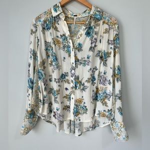 Free Pople Floral Print Ruffle Hippie Bohemian Shirt Sz S Long Sleeves Blouse